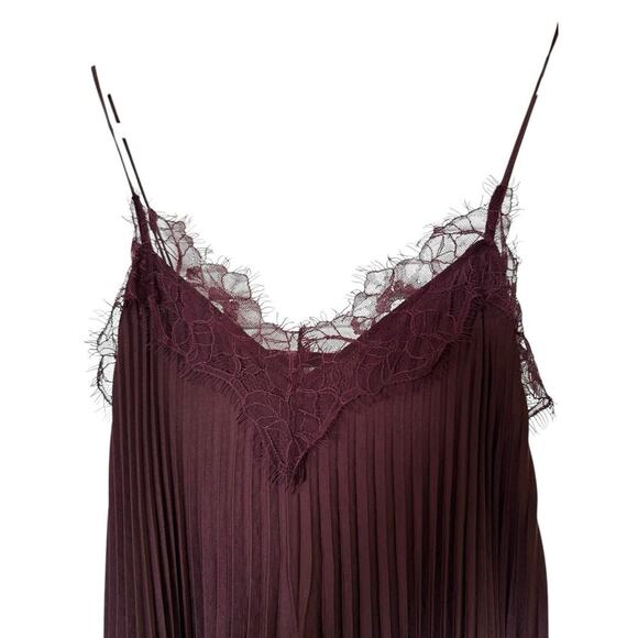 Vince Womans Pleated Midi Dress V-Neck XXS Deep Burgundy Lace Trim sleeveless - Picture 6 of 12